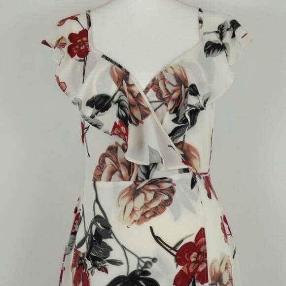 Cupshe Long Beach Women's Small Cream & Red Floral Ruffled Crepe Midi Wrap Dress - Picture 2 of 8